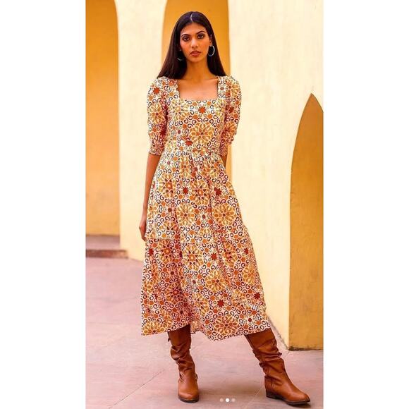 Beyond by Vera Rust Pietra Dura Block Print Midi Cotton Fall Tie Waist Dress - Picture 2 of 12